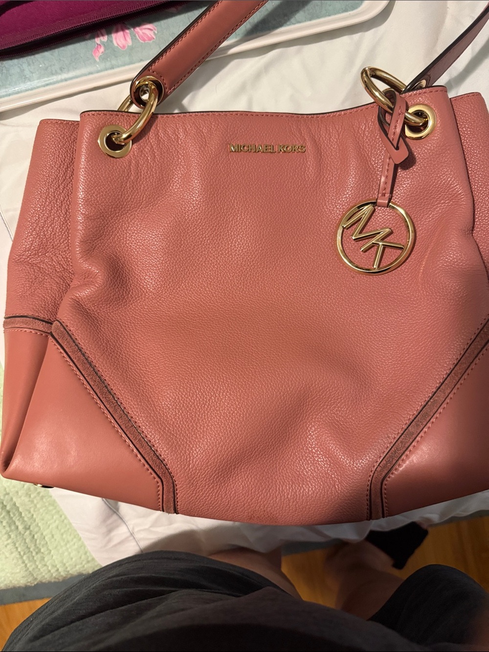 Michael Kors Coral Pink Leather Tote with Gold Accents